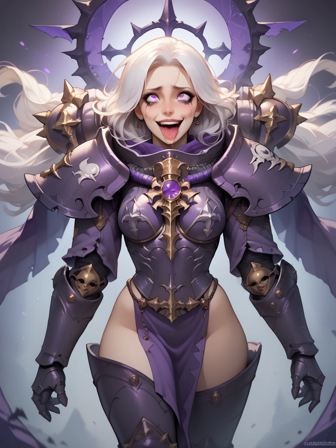 bar3f0ot0ne,
 Sororitas, armor, shoulder armor, pelvic curtain, tabard, greaves, power armor, white hair, purple mesh, slanesh corrupted, purple light, , corrupted smile,very long and pointy tongue, ahegao, purple bed, crazy eyes