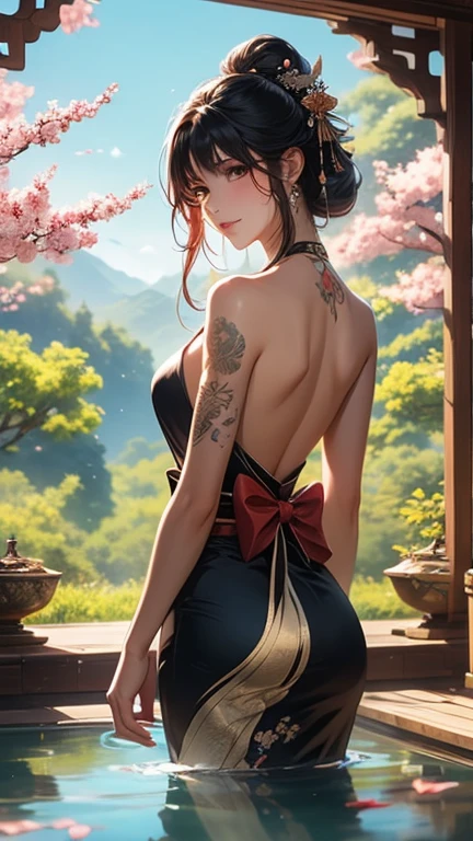 1 realistic MIAOKA _ Aerith 】(Unique Edition)Alice, perfet body, perfect face,thin curved eyebrows, long luscious eyelashes, black eyeliner, black eye shadow, rosie cheeks, dark lipstick, large voluptuous curved breasts, Tattoo girl【Beautiful girl with flower back tattoo, fullbody, hyper realistic final fantasy midgar daytime