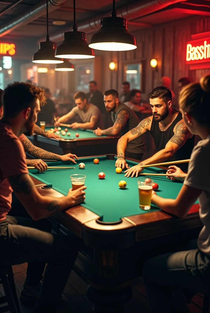 4 handsome men playing checkers in a cowboy bar some shirtless and others wearing one and a handsome skinny young man standing next to them watching them play