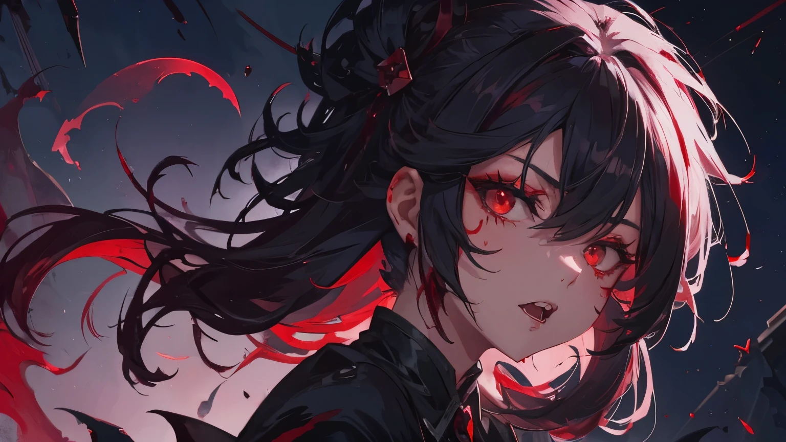 anime girl With red eyes and black hair with a black dress, Devil Anime Girl, With eyes that glow red, everyone, Red eyes glow, With red eyes, Beautiful and detailed anime art, Wicked smile and glowing eyes, Detailed digital anime art, Detailed Key Anime Art, Vampire Girl, Gap Moe Yandere Grimdark, Anime Monster Girl