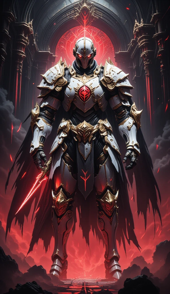  is possessed by a demon, a holy knight commander. Full Body Mechanized Image of an Adult Male. Robotic Muscle-Developed Body . wearing sacred white gold holy knight armor . Eyes Deep Red . standing inside a mysterious black and red church.Bold composition .COUNTLESS KNIGHT FOLLOWERS.Full body image with dark red glow in the eyes。He boldly stands in a mysterious black and red mechanical church， composition underlines his majestic presence 。 lights are very striking ， shadows cast by him highlight his armor and the church's bizarre atmosphere ，Mechanic robot ，Future Mechanism ， Cyberpunk 
