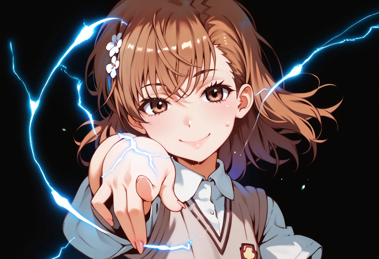 misaka mikoto,1girl,solo,tokiwadai school uniform,sweater vest,school uniform,hair ornament,short hair,hair flower, upper body,shirt,flower,score_9, score_8_up, score_7_up, ,perfect hands, perfect finger,perfect anatomy, masterpiece, best quality,realistic, hyperrealistic, 16k hdr,1 mature female,black background,sweat,(pointing electricity:1.2), facing viewer, looking at the viewer, electricity, electrokinesis,(happy smile:1.5),(strong wind:1.3),(tilt head:1.5),(aura:1.5)