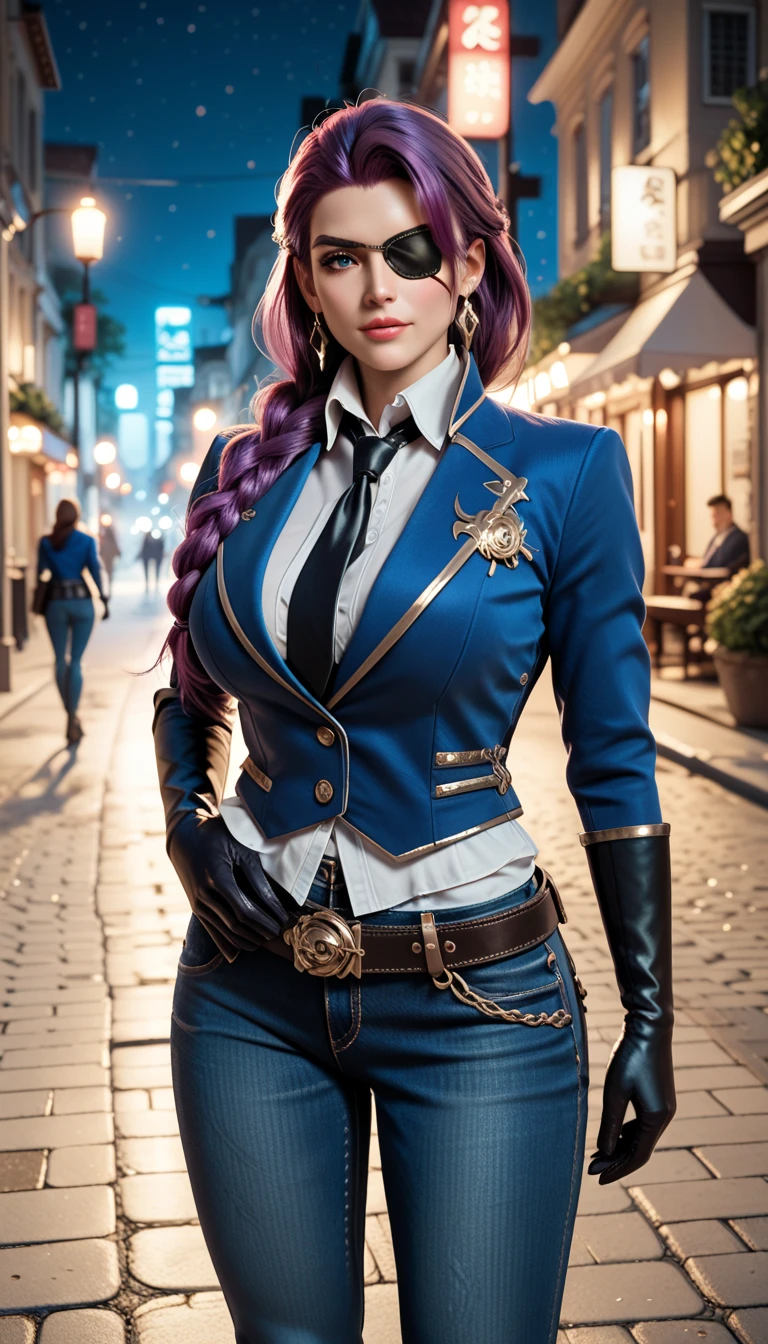 Lesley,huge breast,long purple hair,braid,eyepatch,white shirt,blue jacket,long black jeans,outdoor,night,street,tie,long black gloves