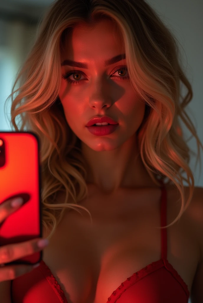 (masterpiece:1.2), (best quality,:1.2), 8K, HDR, Extremely detailed, ((Reality)), A mobile phone,Mobile interface,Inside is a sexy blonde in chains,A seductive smile,Sexy expression,Ambiguous warm light,There is an interface button below that says "STAR"