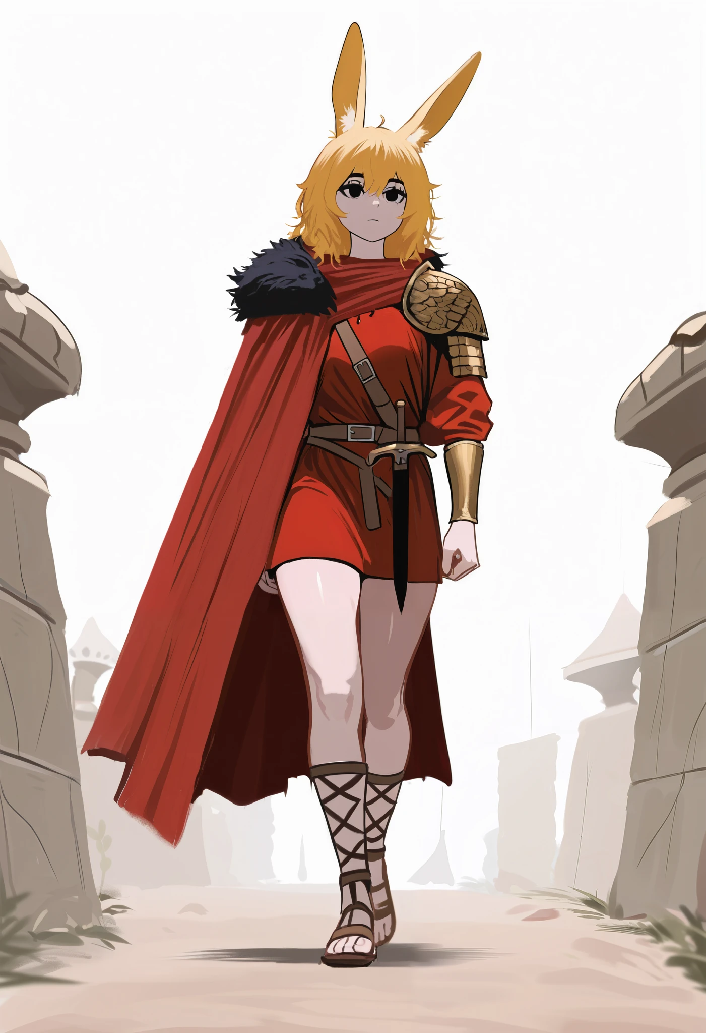 1girl, solo, veyonisLORA, bunny girl, kemonomimi, bunny ears, golden hair, black eyes, empty eyes, white pupils, outlines, greco-roman clothes, gladius, red cape, roman armor, sandals, red tunic, roman clothes, thighs, fur thighs, walking, masterpiece, best quality, 8k, highres, detailed, sharp focus, white background, full body, score_9_up, score_8_up, score_7_up