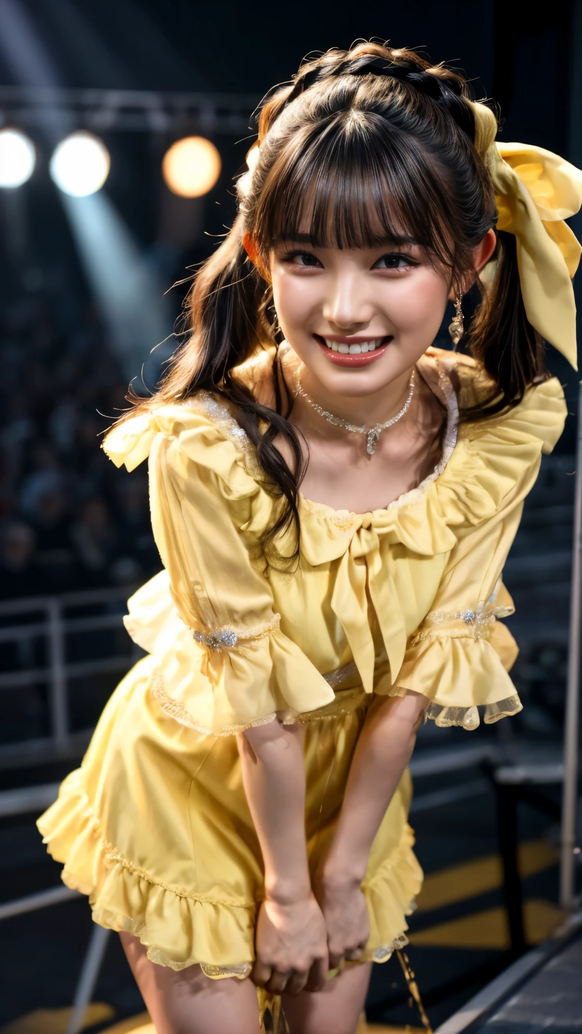 (realistic, photo-realistic:1.2), (masterpiece, best quality), high resolution photograph, extremely detailed, intricate details, sharp details, sharp focus, professional lighting, solo, 1girl, a 19 year old Japanese female idol, full body, slim body, tiny breasts, (frilly yellow dress, princess dress, seductive dress, open chest, puff sleeves, yellow ribbon, choker, jewelry), ankle strap heel-sandals, pale skin, fine-textured skin, shiny skin, (dark hair, shiny hair, pigtails hair, straight hair, blunt bangs, hair scrunchie:1.2), (beautiful detailed face, extremely detailed eyes, beautiful detailed nose, beautiful pupils), (cheerful grin), (standing with holding a wireless microphone, ope legs, spread arm), (peeing self, urination:1.2), pee puddle, photo background, indoors, the concert venue, spotlight, detailed stage, audience,