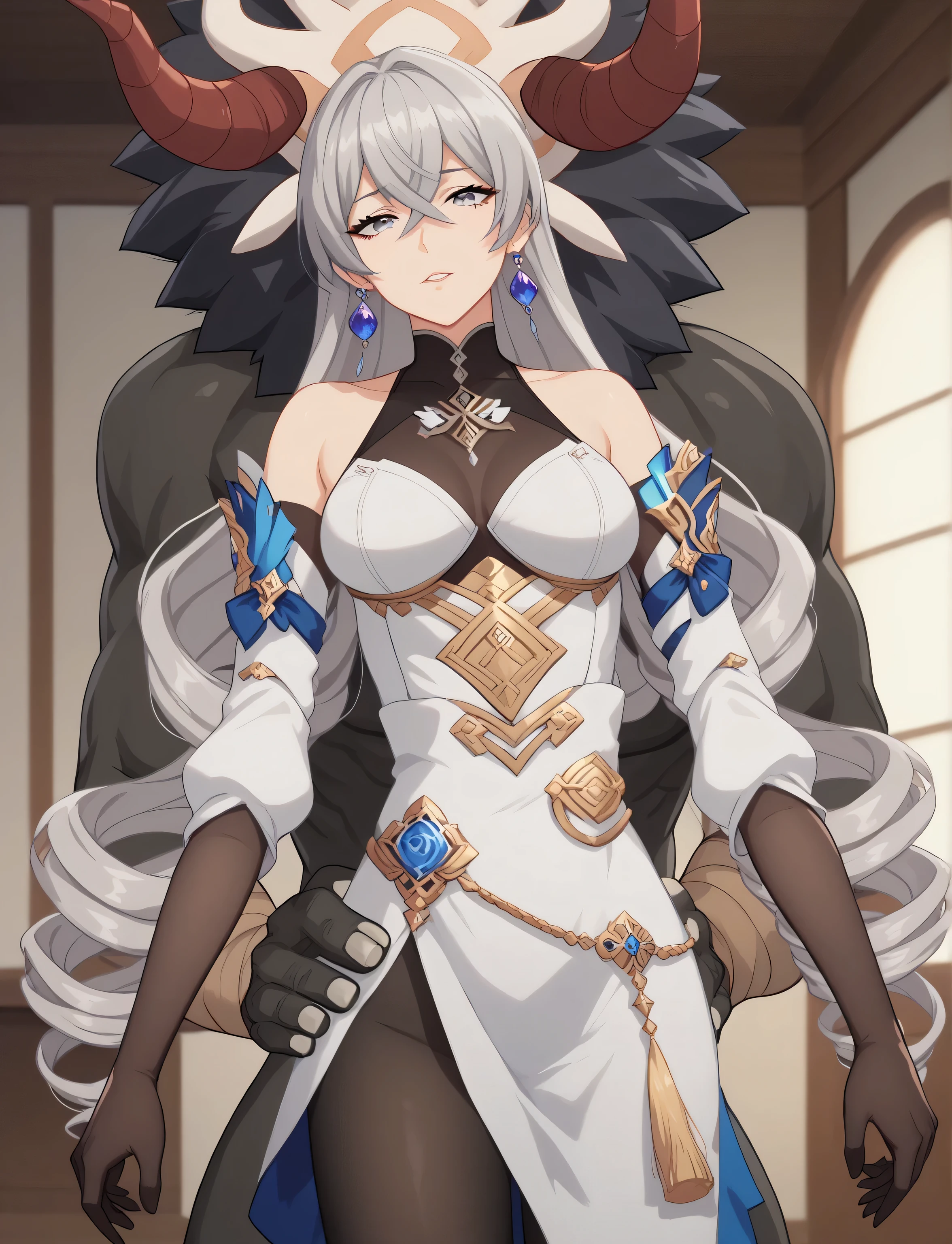 masterpiece, best quality, (anime screencap), 1woman, bronya, grey hair, twin drills, very long hair, crossed bangs, grey eyes, ((mature female, sexy body, medium breasts)), white dress, black bodysuit, bare shoulder, jewelry, earrings, detached sleeves, black elbow gloves, black pantyhose, perfect fingers, perfect body, (she with mitachurl, monster, hilichurl, breeding scene, penetrative sex), indoors, simple backround,