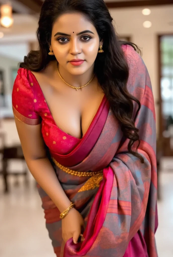 A woman with long dark hair wearing a colorful saree, leaning forward with her hands on her large breasts, downblouse creating a deep cleavage, extremely detailed face, beautiful detailed eyes, beautiful detailed lips, extremely detailed skin texture, intricate saree patterns, masterfully volumetric and tactile rendering, cinematic dramatic lighting, rich color palette, hyper-realistic, 8k, photorealistic, award-winning digital art