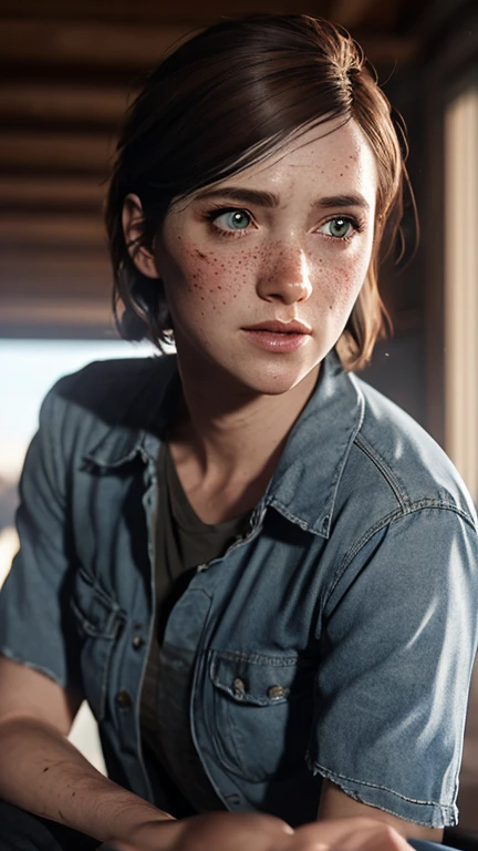  The Last of Us: Part III Ellie epilogue' Ellie Williams Short Hair Supremacy in The Last of Us 2 Peinado, 
Santa Barbara Ellie epilogue in The Last of Us: Part 3
I was responsible for Ellie epilogue's Santa Barbara  hair, body and outfit. hair style, pecas, ojos grises café, Un primer plano de una mujer con pecas en la cara, Pelo café, 
(Camisa de Lana Pendleton Vintage Talla 15 Cuadros Abotonada Manga, Larga Marrón, DICKIES,) 
Zapatos botines café, (Airsoft Guns de sig sauer aire mod sig mcx asp, completa 6800 Máscara de gas Respirador Pieza facial Respirador De Mascara Completa Careta,) The Last of us 3 Ellie Epilogue Grandmother 35 Years 2039s.  Realismo, film 80s apocalyptico zombie survive horror, 

Ellie Epilogue from The Last of Us 3, a shadow falls on his face , Ellie epilogue,  tlou3 ,  portrait, sun rays,  looking at viewer ,  awarded, (8K,  RAW photo,  better quality ,  masterpiece :1.2), ultra detailed , ( highly detailed skin :1.2), 8K uhd,  digital SLR camera ,  soft lighting , anatomy, mejorad, retro, realismo, HDR, The Last of Us: Part III Ellie epilogue' Ellie Williams Short Hair Supremacy in The Last of Us 2 Hairstyle, 
Santa Barbara Ellie epilogue in The Last of Us: Part 3
I was responsible for Ellie epilogue's Santa Barbara hair, body and outfit. hair style, freckles, brown gray eyes, A close-up of a woman with freckles on her face, Brown hair, 
(Vintage Pendleton Wool Shirt Size 15 Checkered Buttoned Sleeve, Long Brown, DICKIES,) 
Shoes brown ankle boots, (Airsoft Guns de sig sauer aire mod sig mcx as 