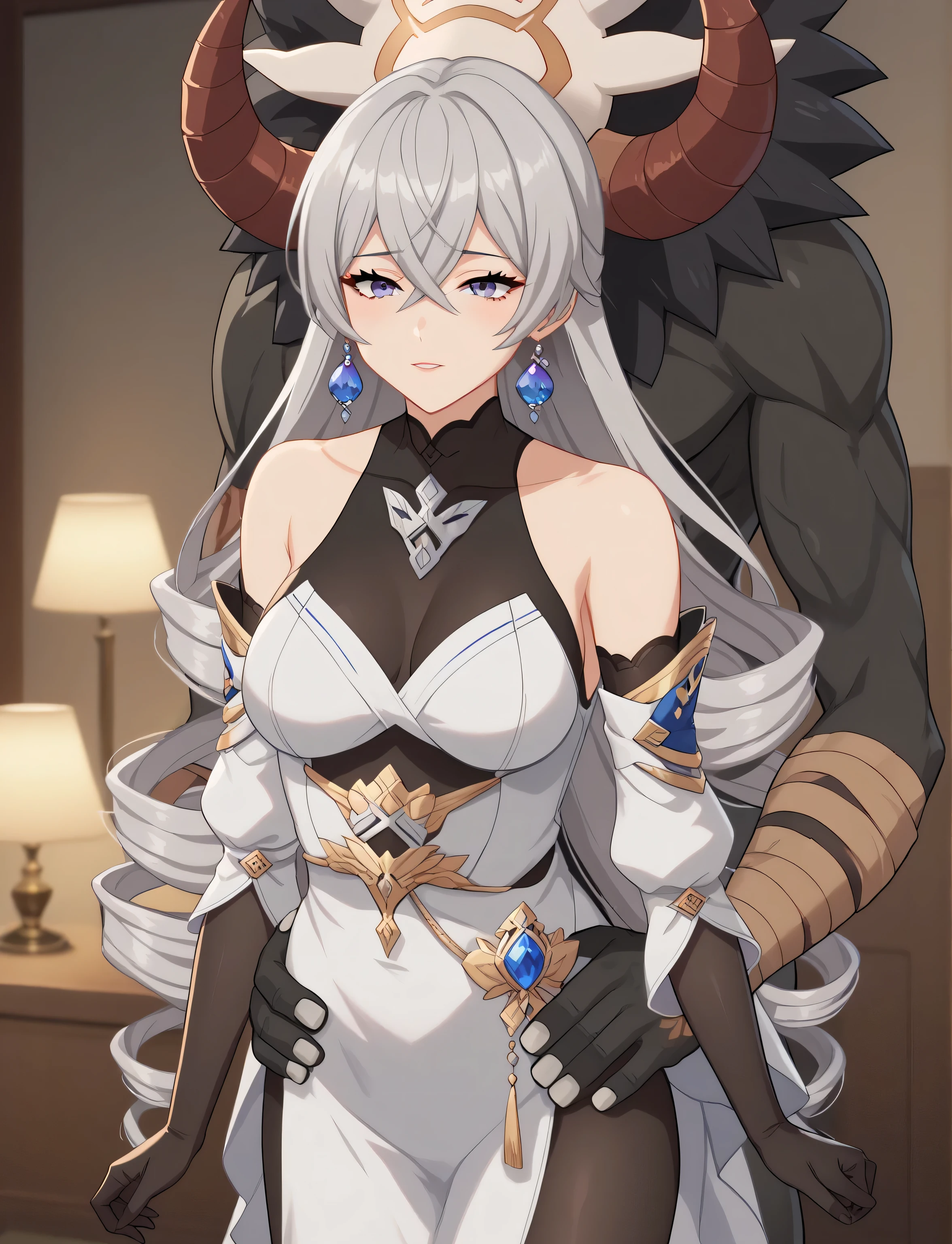 masterpiece, best quality, (anime screencap), 1woman, bronya, grey hair, twin drills, very long hair, crossed bangs, grey eyes, ((mature female, sexy body, medium breasts)), white dress, black bodysuit, bare shoulder, jewelry, earrings, detached sleeves, black elbow gloves, black pantyhose, perfect fingers, perfect body, (she with mitachurl, monster, hilichurl, breeding scene, penetrative sex), indoors, simple backround,