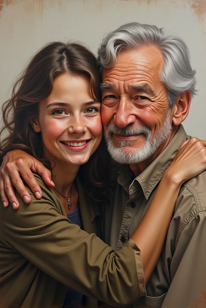 (((best quality)), ((masterpiece)), ((realistic cartoon)), ((perfect character)) - A heartwarming portrait capturing the love between a father and his 3-year-old daughter. The father, with a beard and graying hair, holds his little girl affectionately in his arms. Their happy expressions radiate joy and tenderness, creating a scene of pure love and connection. The image is meticulously detailed, rendered in UHD resolution with stunning realism, allowing every emotion and feature to shine through in this touching portrayal of a father and his daughter.