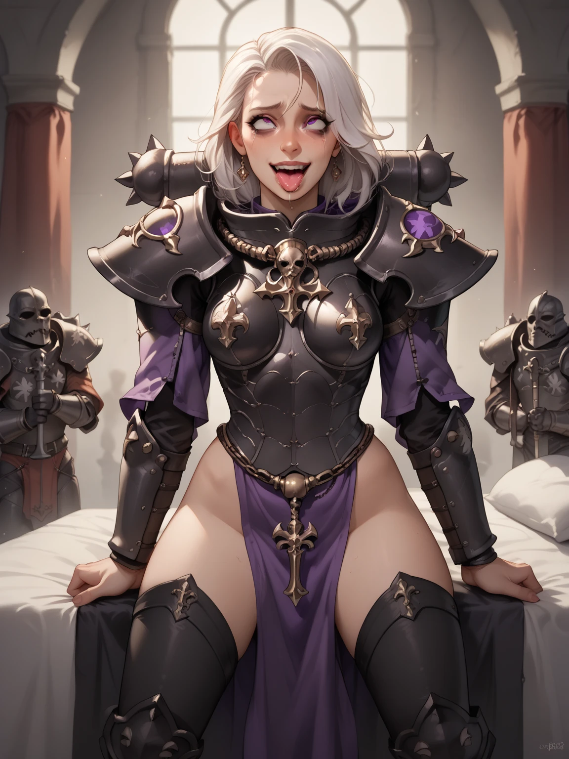 armpit licking, 1girl, 1slave, prisoner, cfnm, femdom, mistress, knelt, submissive guy,
 Sororitas, armor, shoulder armor, pelvic curtain, tabard, greaves, power armor, white hair, purple mesh, slanesh corrupted, purple light, , corrupted smile,very long and pointy tongue, ahegao, purple bed, crazy eyes