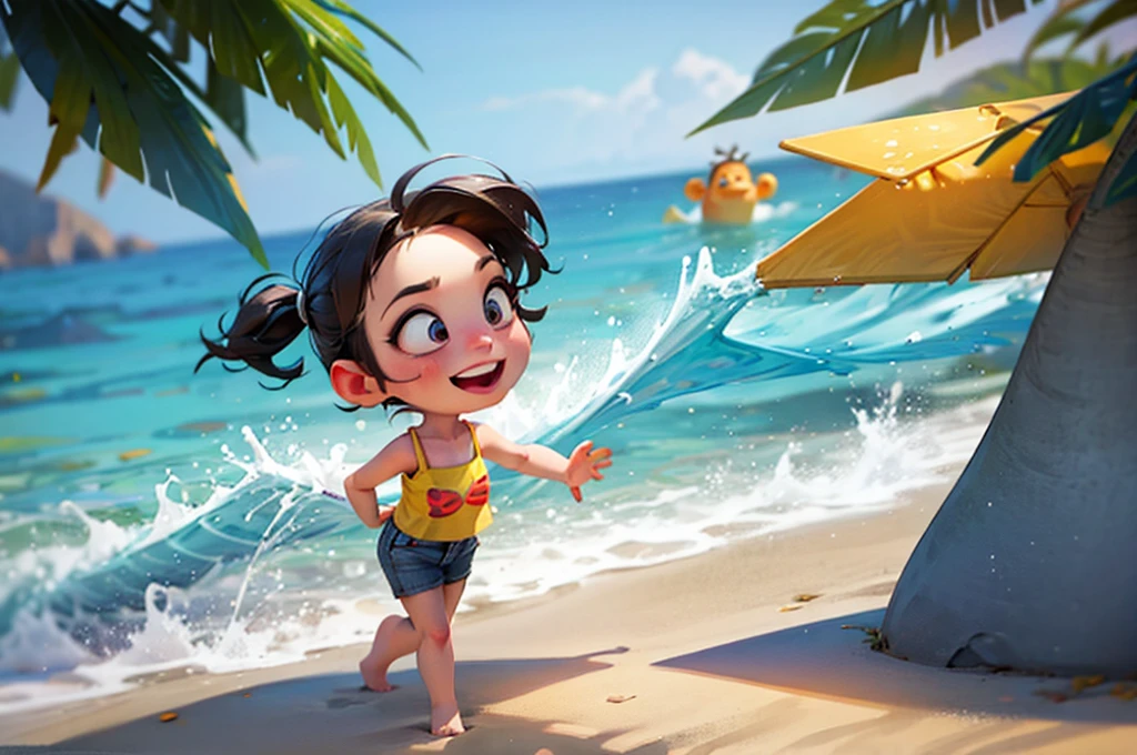  place beach elements in the drawing, Make it look like Pixar 