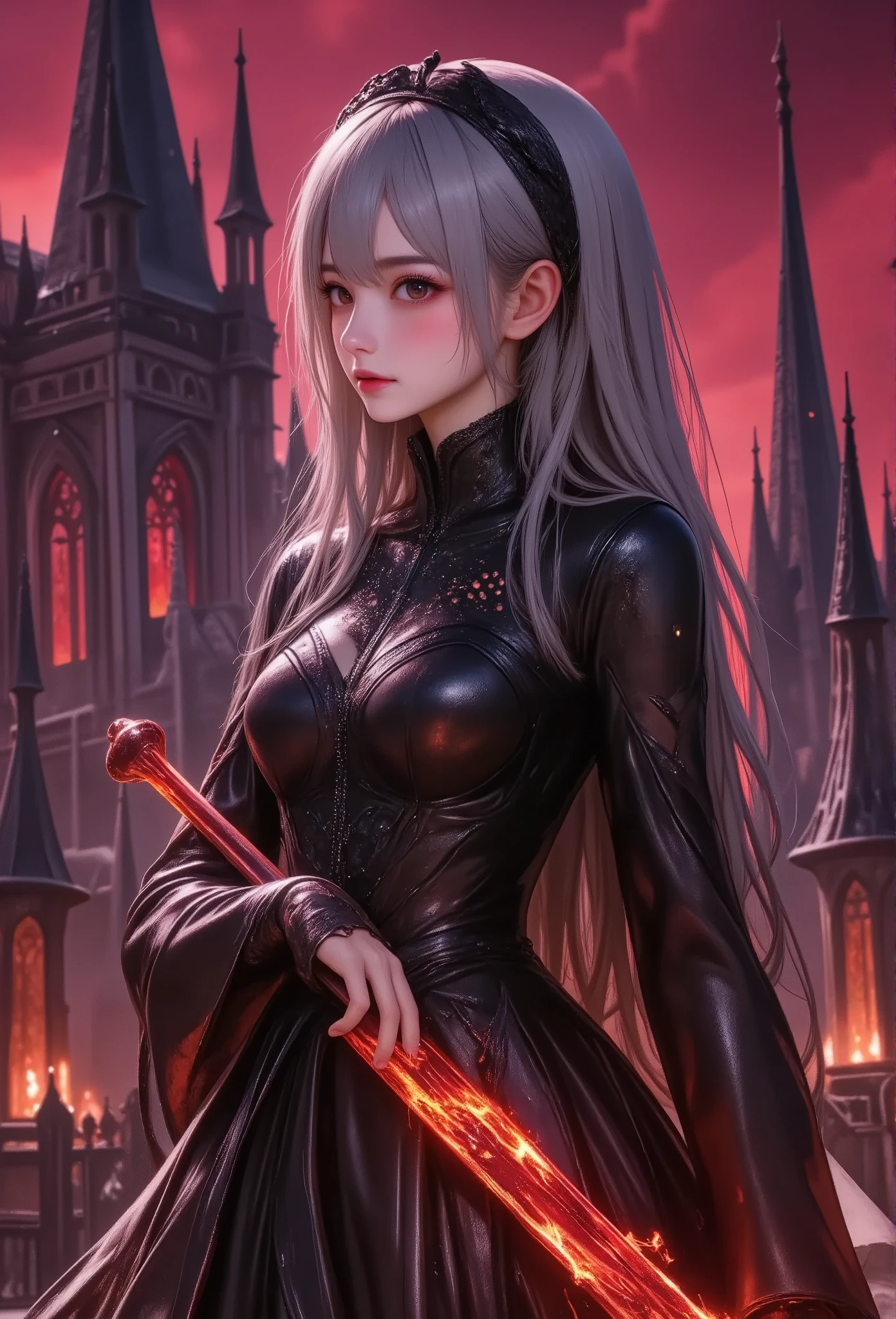 masterpiece, best quality, ultra-detailed, a vivid, high-contrast scene featuring a silver-haired girl in a dramatic black gothic dress, holding a massive sword that glows with intense red and orange flames. She stands in front of a dark gothic cityscape, with towering spires silhouetted against a vibrant red and purple sky. The scene is filled with dynamic lighting, with the fiery glow of the sword casting harsh, dramatic shadows across her face and the ground. The bold colors of the sky and the glowing weapon contrast sharply with the deep blacks of her dress, creating a striking visual effect. Her expression is fierce and determined, as if she’s ready to face a powerful enemy. The overall atmosphere is one of high tension and drama, with the intense colors and sharp contrasts giving the scene a sense of urgency and power.