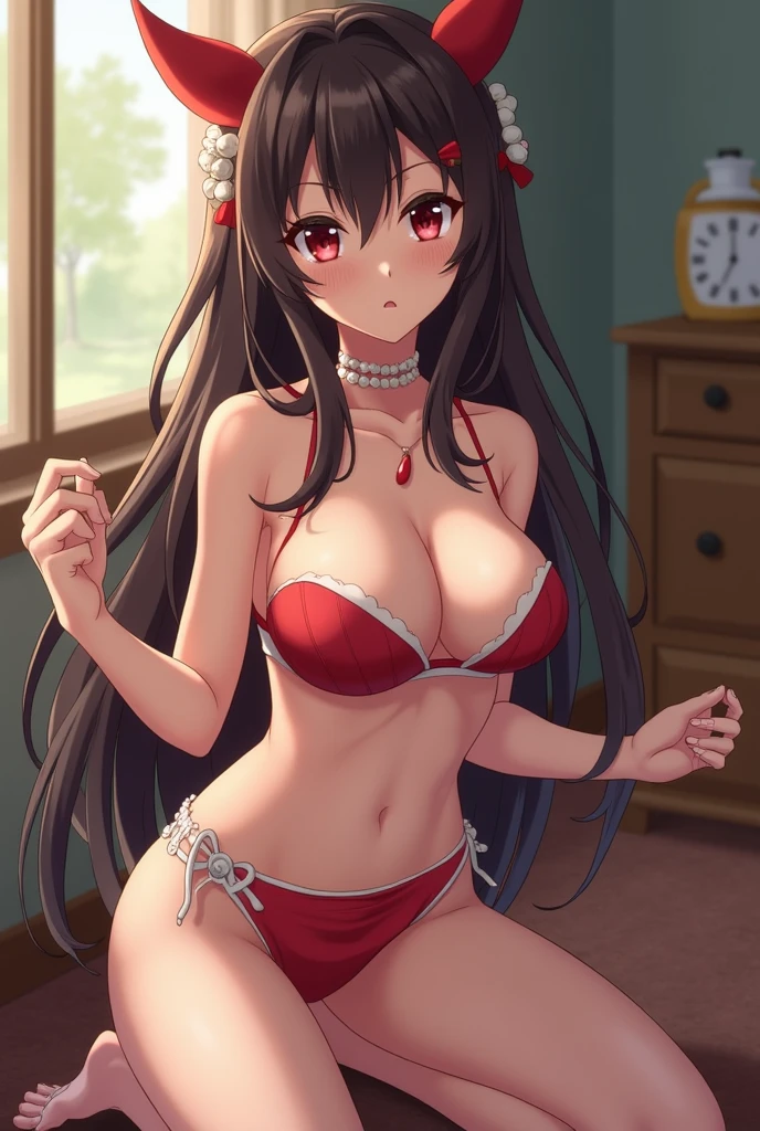 shrine maiden,hand on the head,legs apart,Scarlet hakama,open shirts,areola,cowgirl position,((skirt lift)),Girl sitting,seiza,transparent panties,a glare of contempt