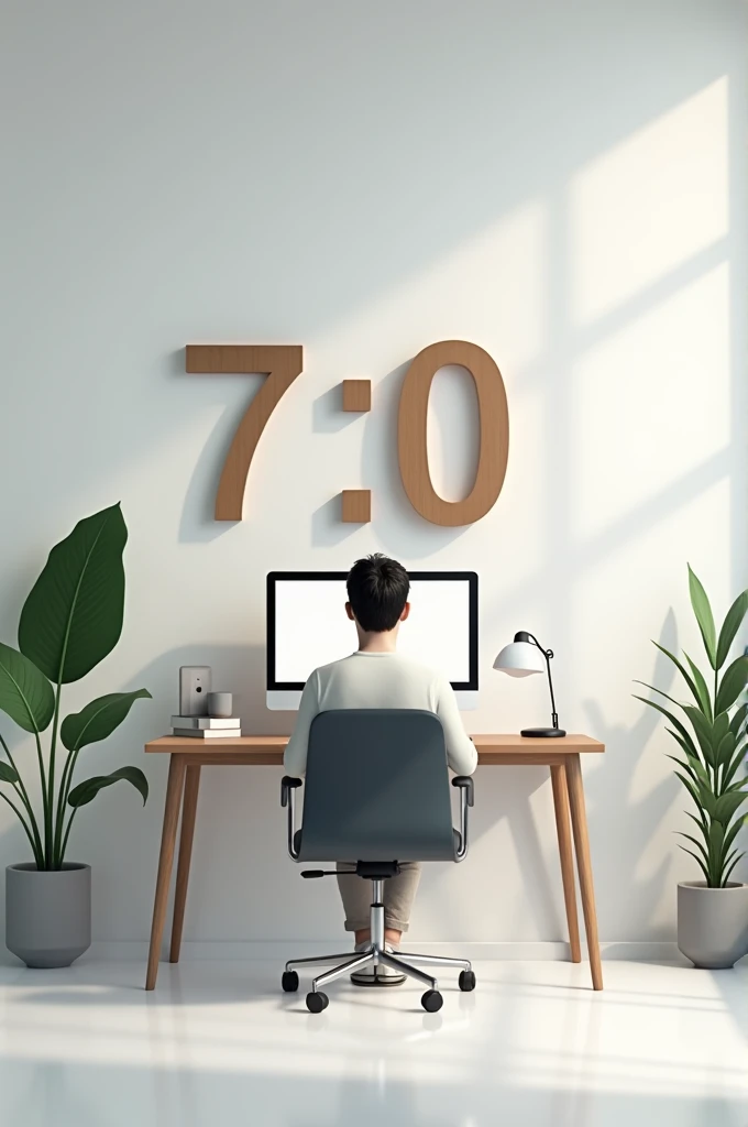 A person is sitting on a chair, in front of a table. A computer is placed on the table. The time "7:00" is written above the person's head. The writing "7:00" must be 3D. Create a picture like this.