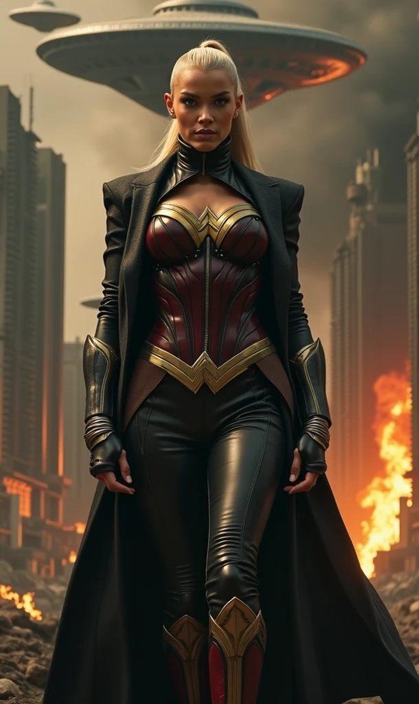 A beautiful woman with long ash-colored hair under the cloak of the Amazon warrior Wonder Woman suit black leather jacket and red corset and black leather pants long red boots up to the knees Diaema Wonder Woman on her forehead