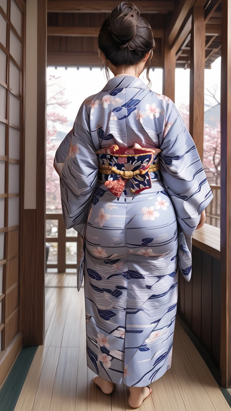 japanese mature woman wearing Japanese Yukata, full body shot back view