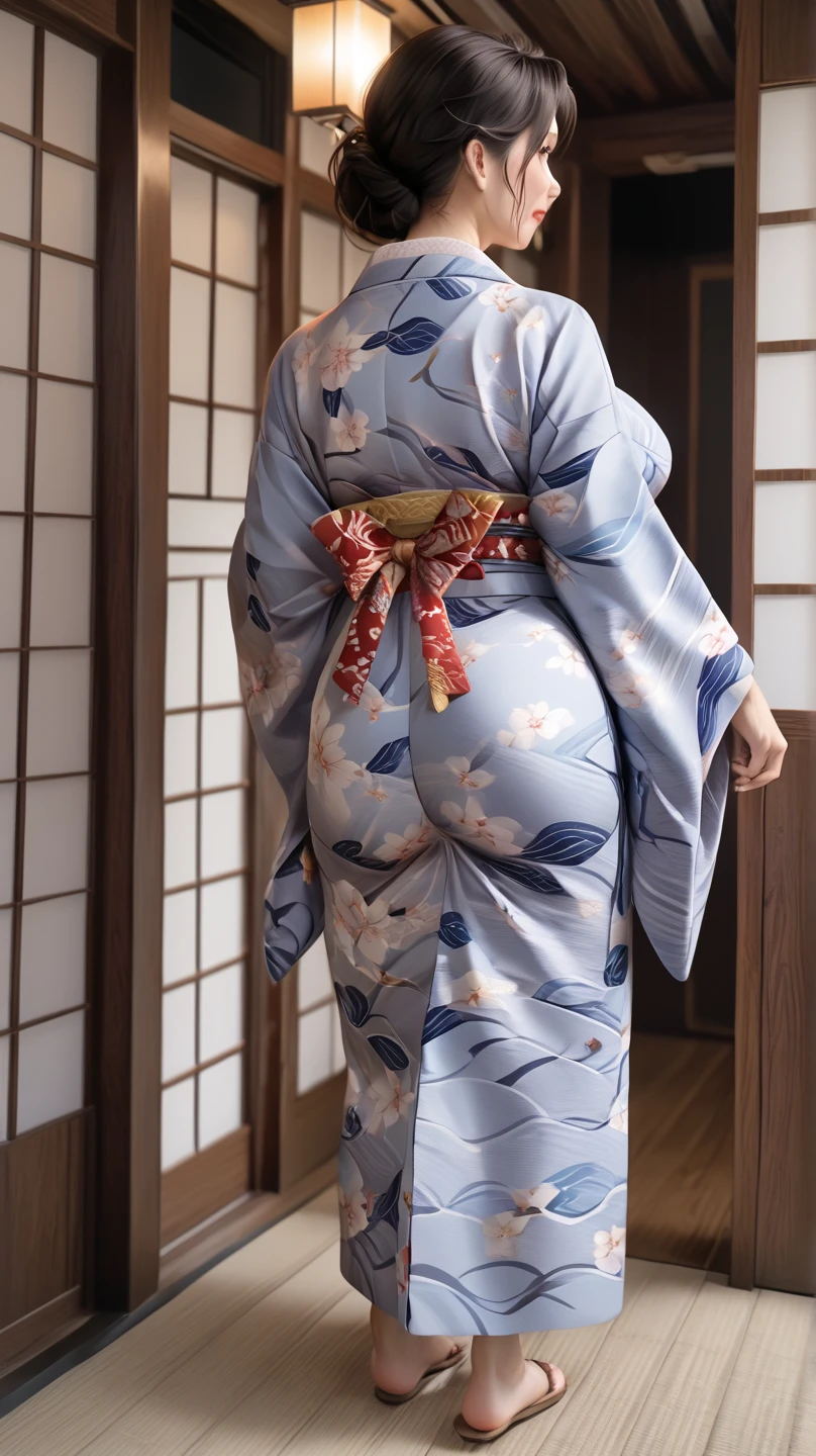 japanese mature woman wearing Japanese Yukata, full body shot back view