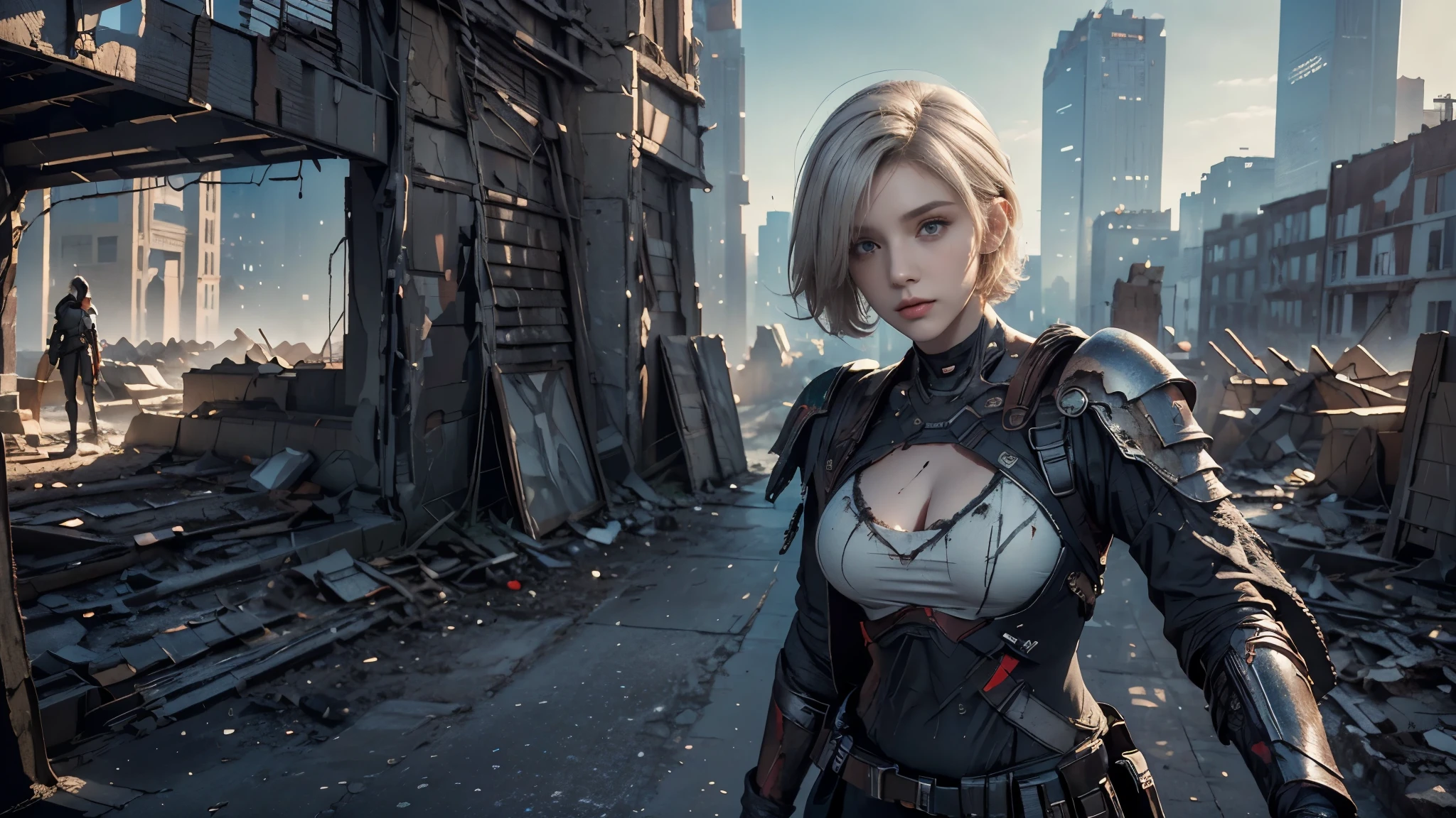 masterpiece,  High Resolution,8K,( Portrait Photos:1.5),(R Original Photo),Reality,Digital Photography,(Ruins of the Apocalypse  ),City ruins，20 year old pretty female ，Short hair，Shut up，  post-apocalyptic scene ， Upper body photography ， hollow armor ， Sexy Body