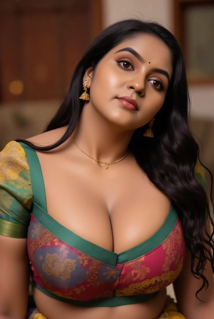 A woman with long dark hair wearing a colorful saree, leaning forward with her hands on her large breasts, downblouse creating a deep cleavage, extremely detailed face, beautiful detailed eyes, beautiful detailed lips, extremely detailed skin texture, intricate saree patterns, masterfully volumetric and tactile rendering, cinematic dramatic lighting, rich color palette, hyper-realistic, 8k, photorealistic, award-winning digital art