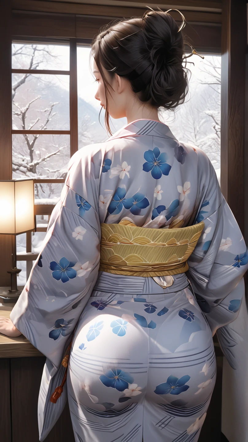 japanese mature woman wearing Japanese Yukata, back view