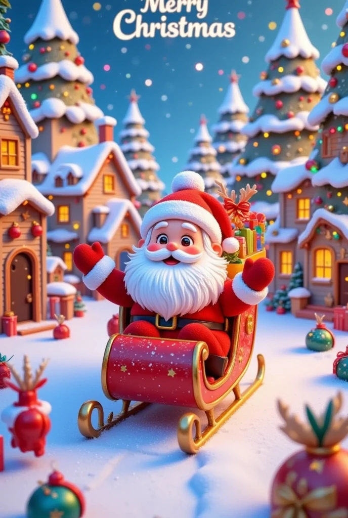 With a white Christmas theme, Santa Claus is sitting on a sleigh pulled by reindeer, and the houses and trees are decorated with festive decorations, with "Merry Christmas" written in elegant fonts, surrounded by elements of the Christmas atmosphere, and hanging balls and colored lights, adding extra holiday charm. The overall design is cheerful and festive, perfect for winter decoration.
Miniature photography,Tilt-Shift Lens,