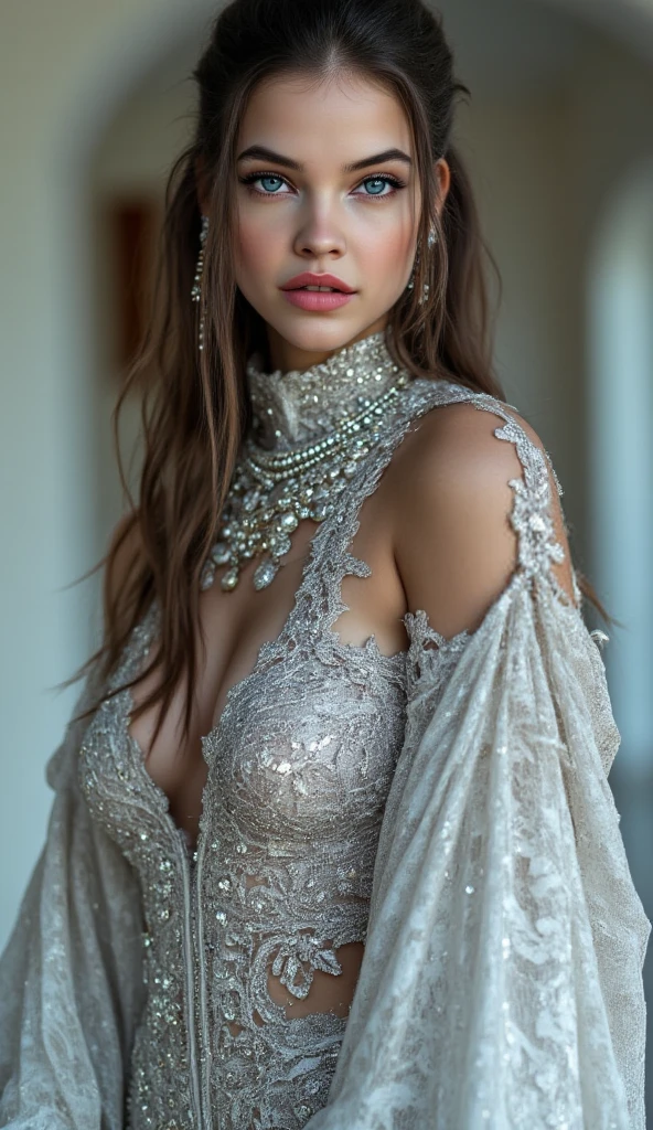 A beautiful girl in a silver dress, highly detailed portrait, elegant pose, cinematic lighting, photorealistic, 8k, best quality, masterpiece, intricate details, volumetric lighting, hyper realistic skin, detailed facial features, mesmerizing eyes, lush lips, long eyelashes, soft glowing skin, flowing silver dress, graceful movement, serene expression, atmospheric background, cinematic framing