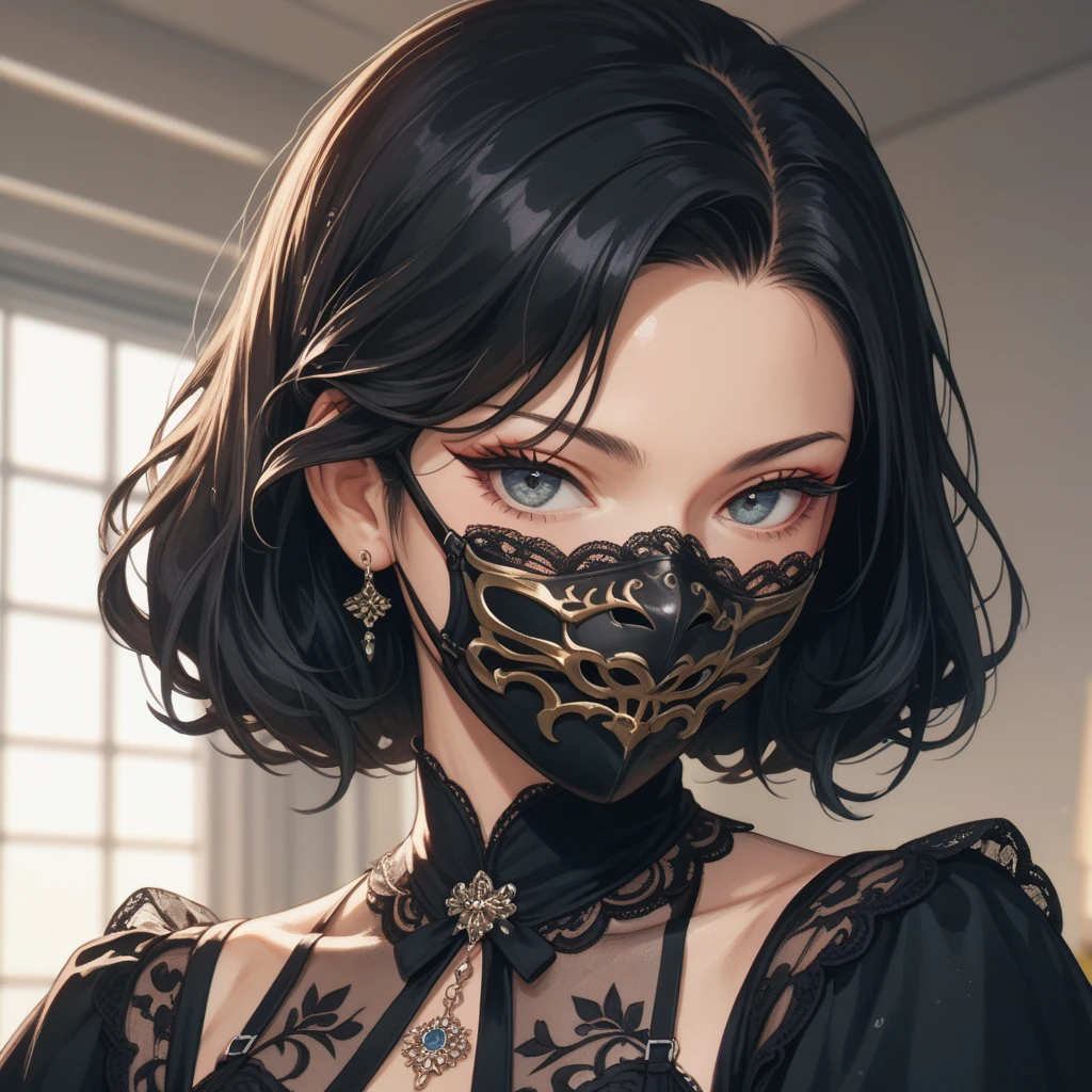 woman,  black hair,  wearing black lace mask ,  anime art 