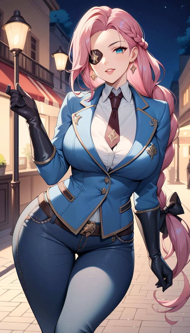 Lesley,huge breast,wide hips,long pink hair,braid,eyepatch,white shirt,blue jacket,long black jeans,outdoor,night,street,tie,long black gloves