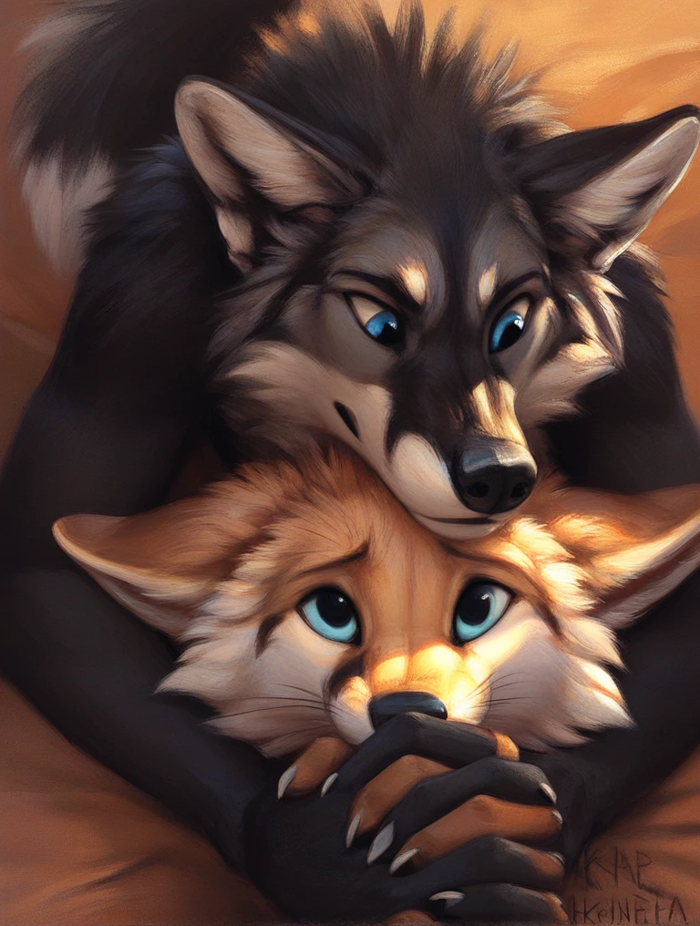 score_9, score_8_up, score_7_up, source_furry, rating_safe, by kenket, anthro, duo, male/male, wolf, black body, blue eyes, fox, white body, doggy style, on back, face to face, holding hands, sad
