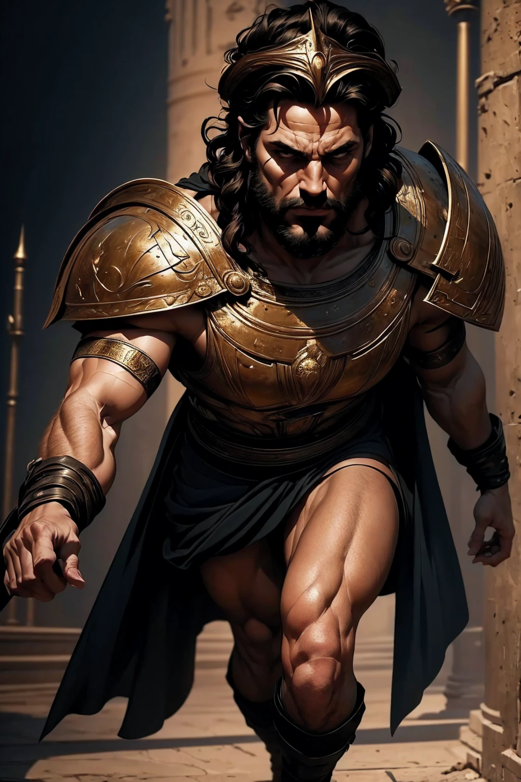 a 45 year old man, black hair, helmet ,prince of troy ,hector of troy, (best quality,4k,8k,highres,masterpiece:1.2),ultra-detailed,(realistic,photorealistic,photo-realistic:1.37),hyperrealistic,cinematic lighting,extremely detailed face and body,dramatic pose,epic scale,dramatic lighting,dark moody colors,chiaroscuro lighting,dramatic shadows, on the war, whole body, comic style, walking, in combat, show the feets