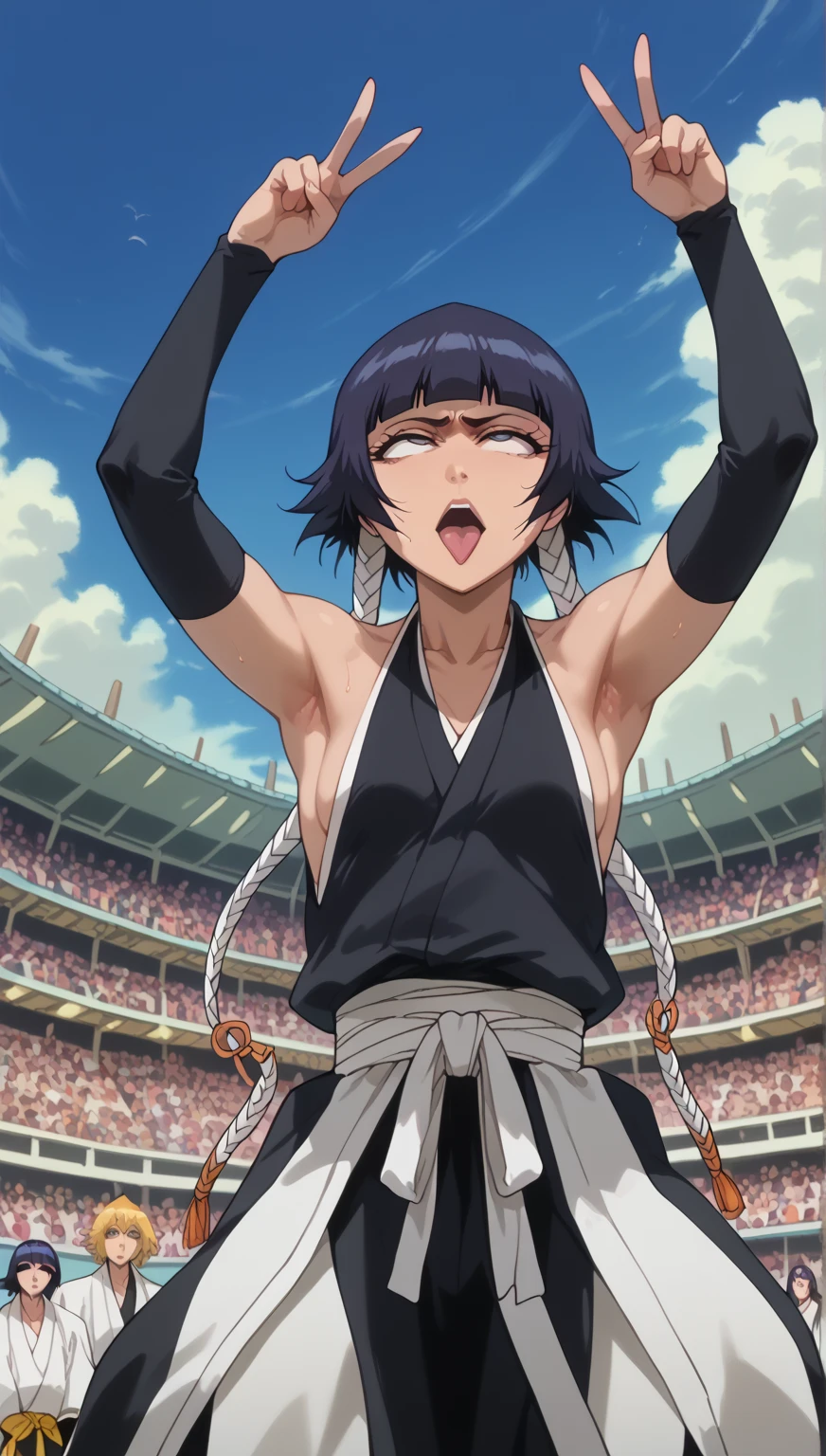 whole body、、     sweated、   、close-up、、、Soi Fon、 、Bleach、Bleach、Black Hair, 1girl, breasts, soifon, japanese clothes, sideboob, hip vent, detached sleeves, bare shoulders, small breasts, arms up,  seductive eyes,  open mouth, more sweat, Rolling eyes, white eyeballs,For the audience, Looking at the audience, tired, From below, (muscle :1.2) , kneeling, (small breasts) . 