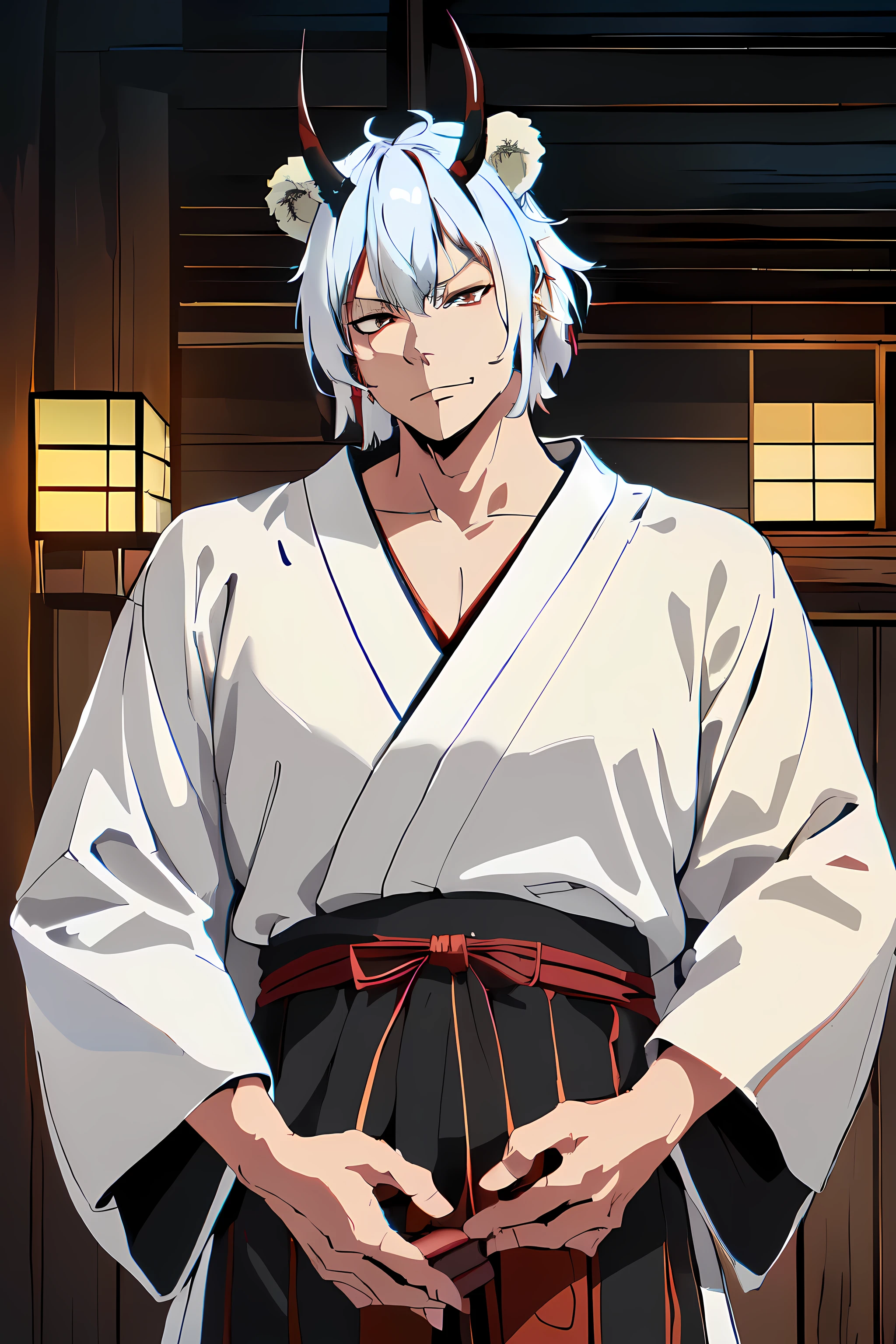 A middle-aged oni man with bear ears, forehead long horns, wearing a red yukata and geta sandals, white hair, pale skin and bear ears, anime style, RPG style, D&D style, (best quality,4k,8k,highres,masterpiece:1.2), UHD,studio lighting, extreme detail description, vivid colors