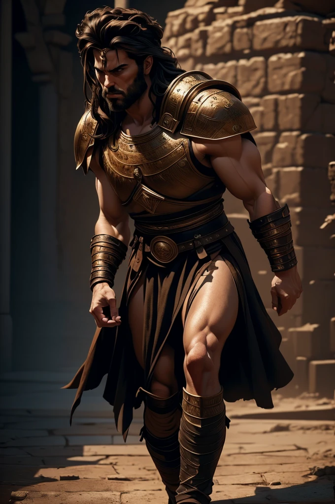 a 45 year old man, black hair, helmet ,prince of troy ,hector of troy, (best quality,4k,8k,highres,masterpiece:1.2),ultra-detailed,(realistic,photorealistic,photo-realistic:1.37),hyperrealistic,cinematic lighting,extremely detailed face and body,dramatic pose,epic scale,dramatic lighting,dark moody colors,chiaroscuro lighting,dramatic shadows, on the war, whole body, comic style, walking, in combat, show the feets