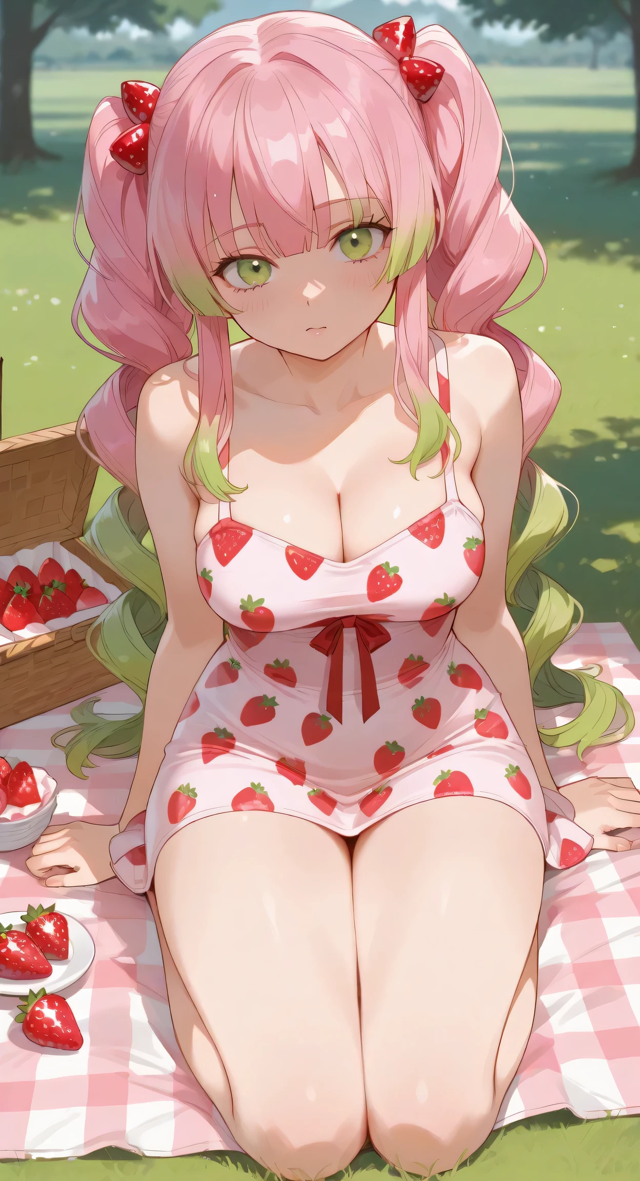 strawberry dress, cleavage, strawberry print, full body, solo,picnic, kanroji_mitsuri