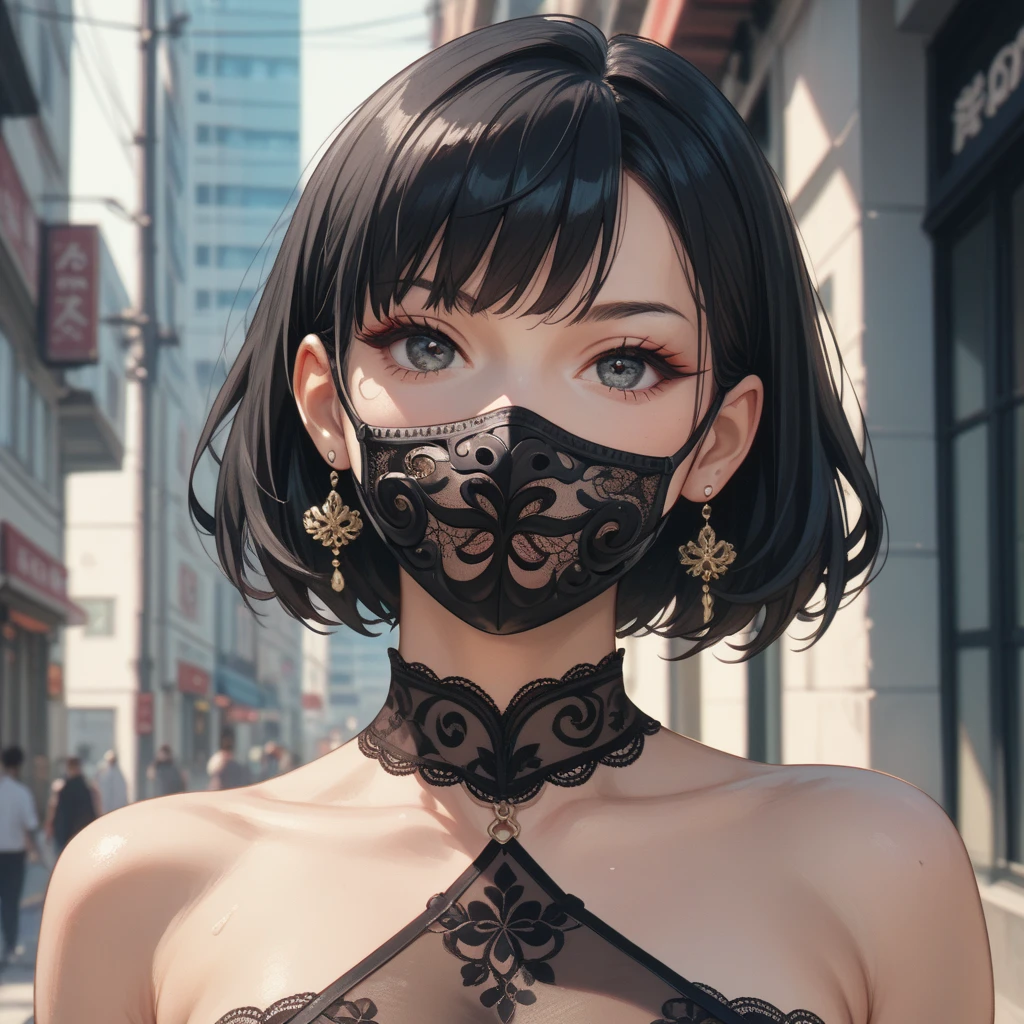 woman,  black hair, wearing black transparent lace mask on the eyes ,  anime art 