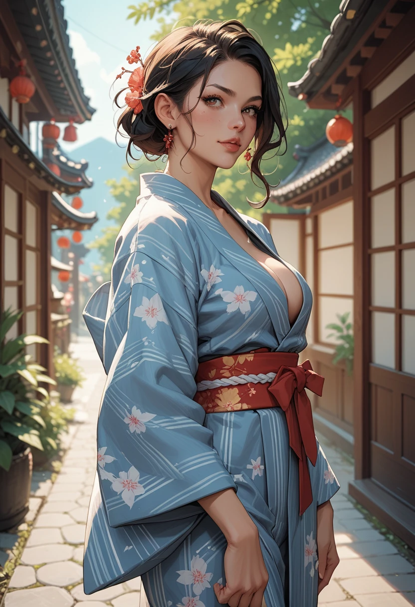 ((masterpiece)), ((best quality)), extremely high quality artwork, highres, ((ultra-detailed)), ((intricate details)), UHD, ((8k)), ((detailed background)), (beautiful detailed face), japanese streets, neon signs, crowded street, day time, sun rays, studio lighting, (vivid colors), matsumoto_rangiku, smile, long hair, mole, mole under mouth, huge breasts, cleavage, large breasts, jewelry, necklace, japanese clothes, lips, kimono, no bra, orange hair, blue eyes, long sleeves,