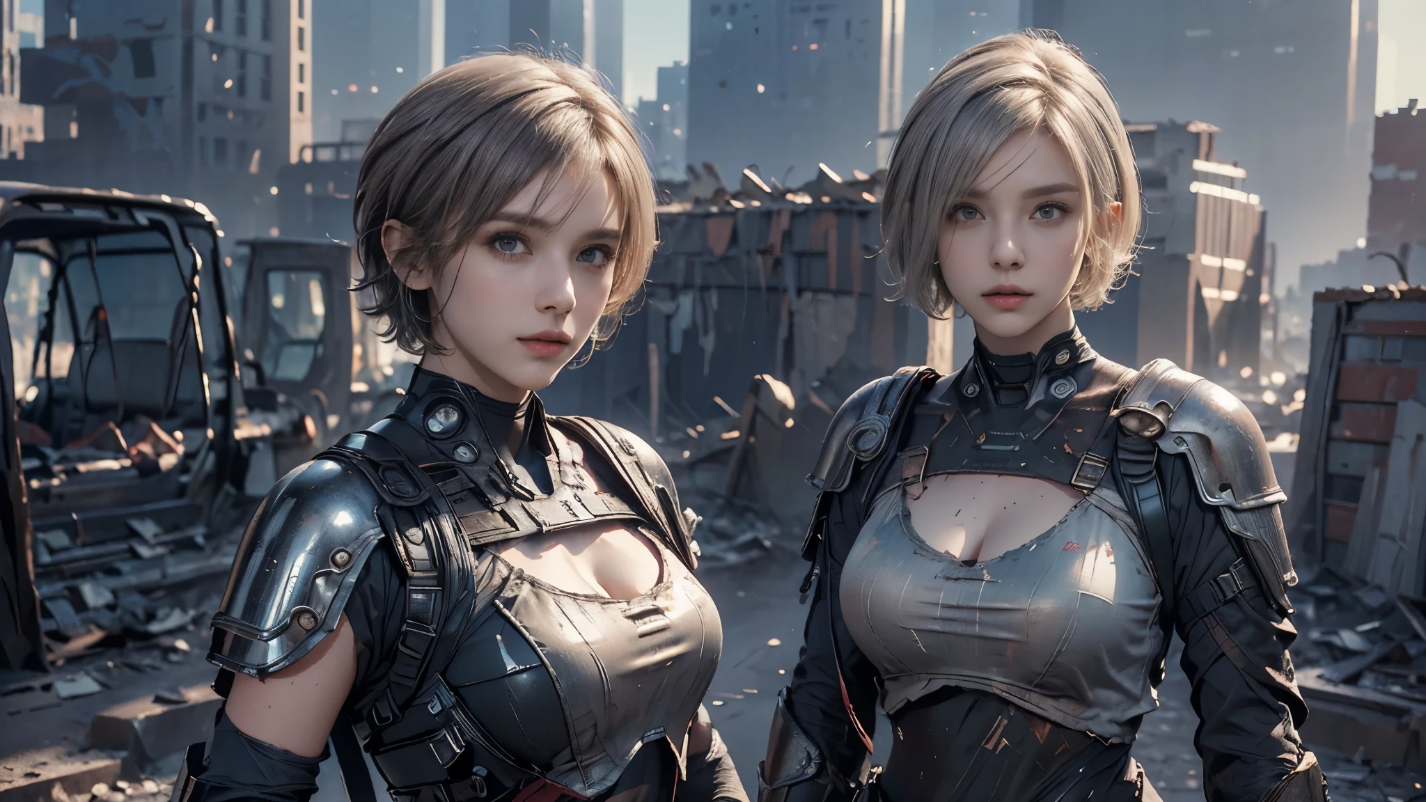Two women in futuristic costumes standing in a city - SeaArt AI