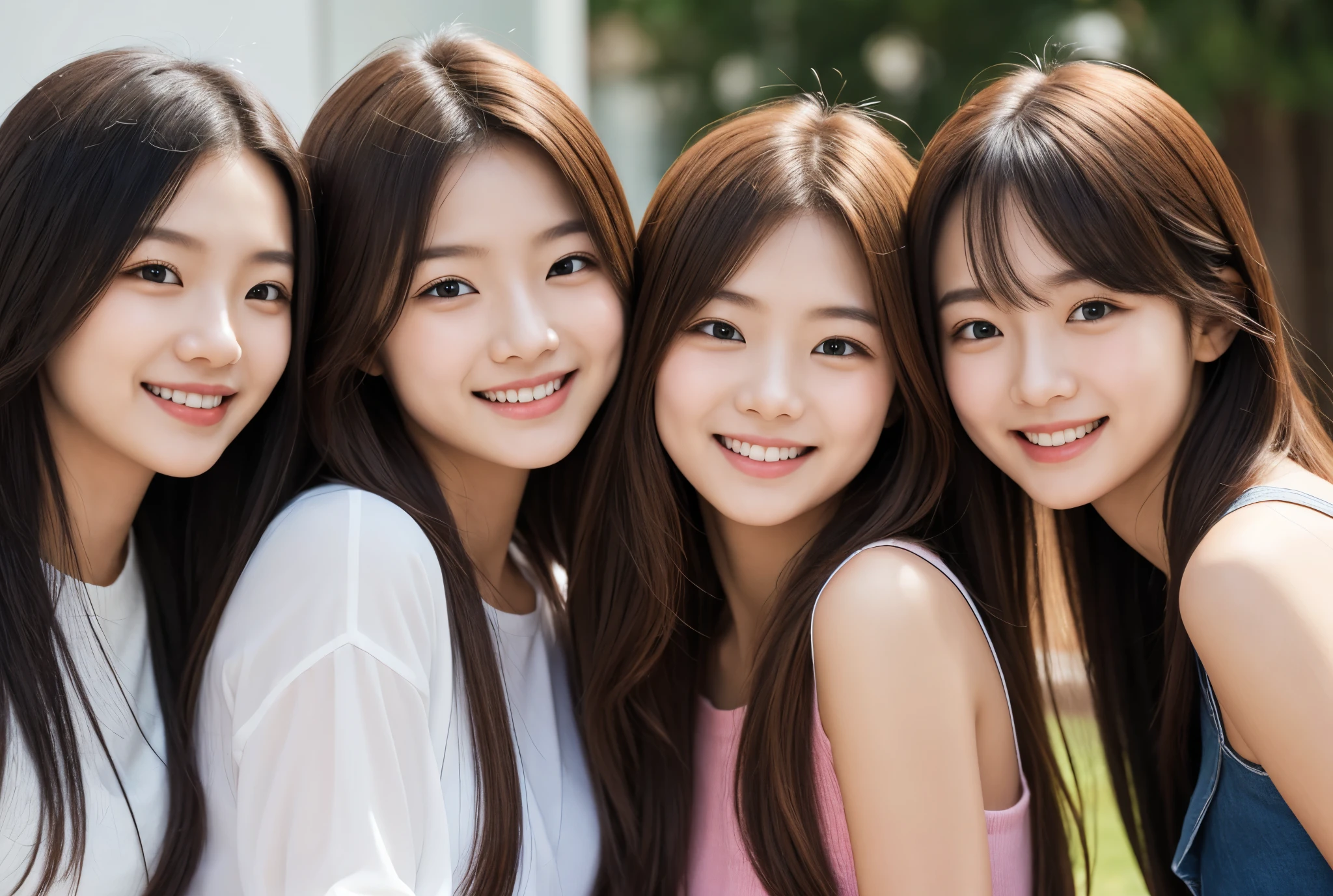 Three girls with long hair are smiling with their faces close together。