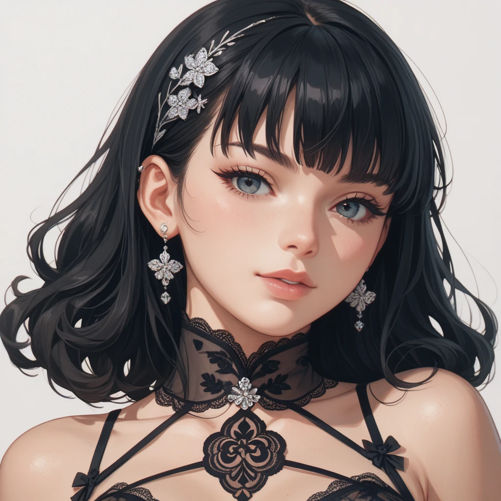 woman,  black hair, Wearing black heromask with transparent lace ,  anime art 