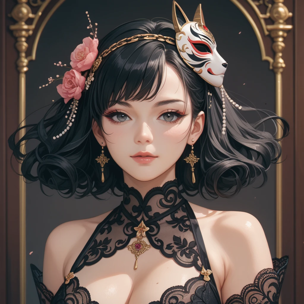 woman,  black hair, wearing black venetian mask made of transparent lace ,  anime art 