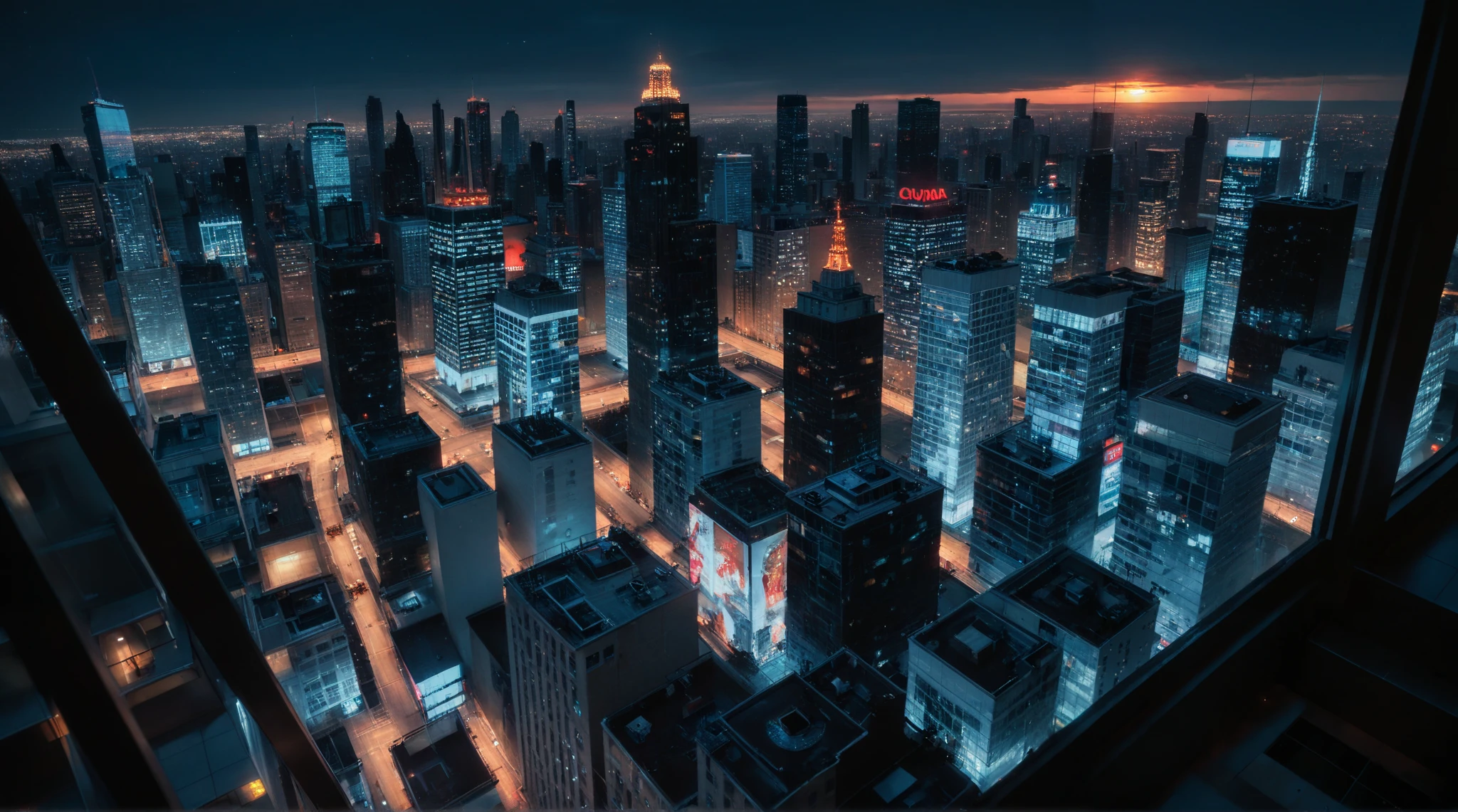 Bird's-eye view, city bird's-eye view, high rooftop view, night view of New York City, USA, urban landscape, cyber style, you can see the skyline in the distance, the sunset red sunset on the horizon, a close-up of a building close to the right of the camera, UE5 rendering, 3D rendering, LUMEN light and shadow rendering