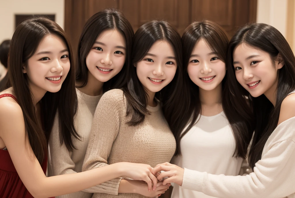 Three girls with long hair are smiling with their faces close together。Two people on both sides are holding the girl's hand in front。