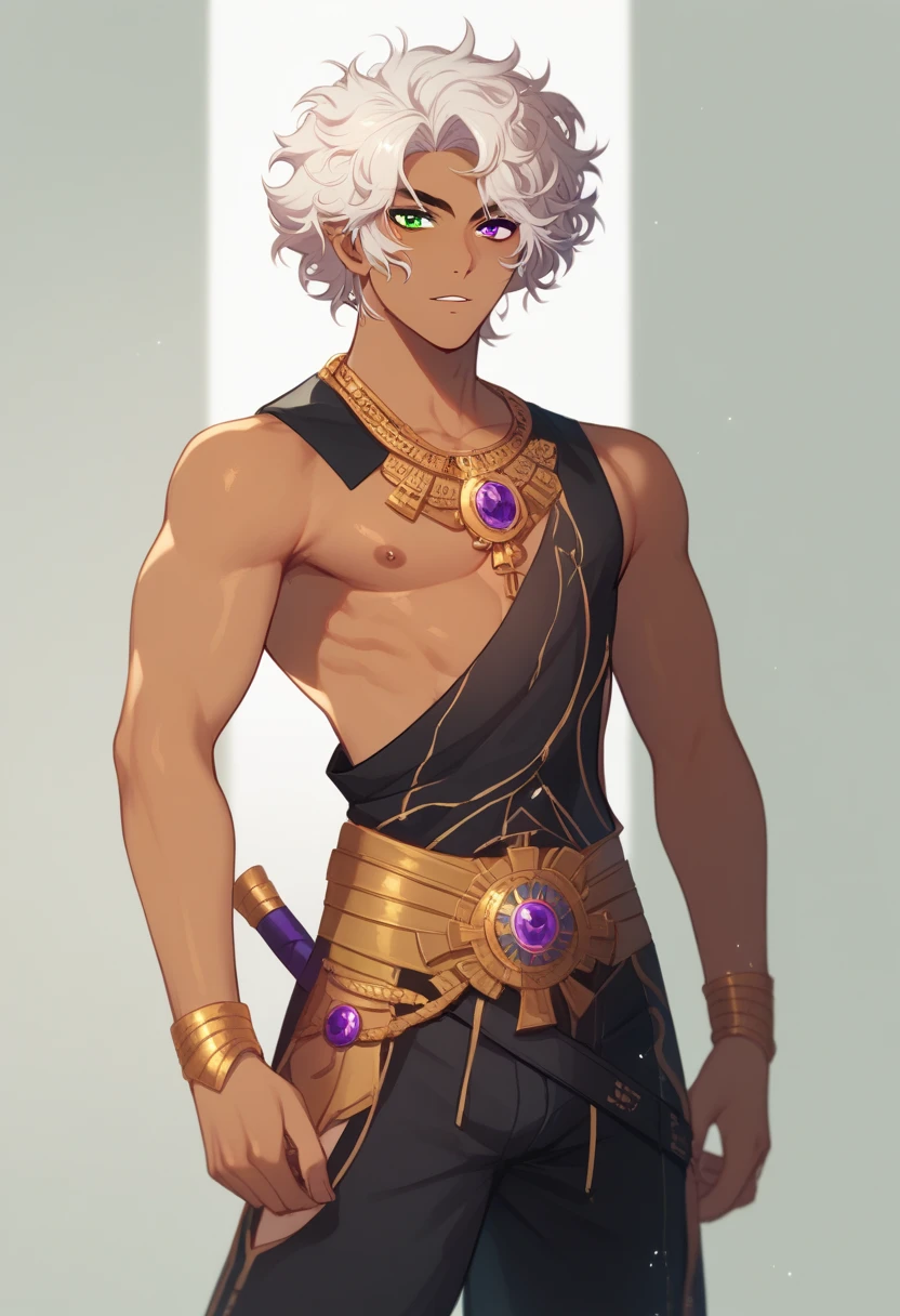 Solo, (taller tanned man with messy curly white hair), heterochromia,  purple eye, green eye, Niddhir the alchemist of Khaenri'ah. Khaenri'ah clothing, cowboy shot, fantasy amge clothes, chaos star motif, baggy pants