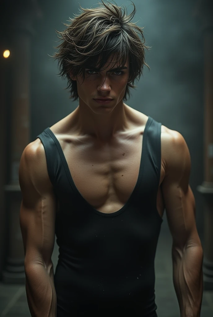 Young Bruce Wayne man black hair, big muscular body, in topless, in dark room