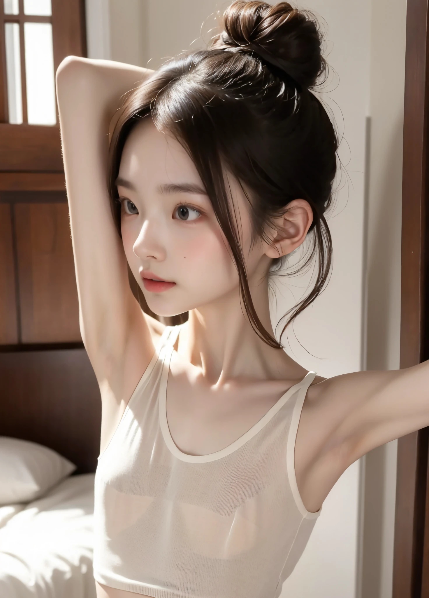  cute girl, bun hair , brown hair ,delicate,masterpiece,underarm,Thin arms, slender body 