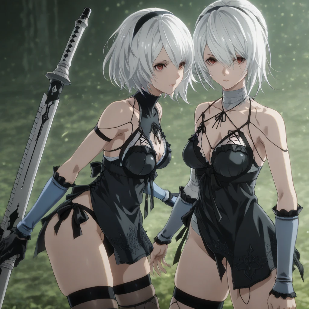 (anime aesthetics) (video game culture )  ( Create two female characters based on the characters of the video game saga Nier :Replicant) ( these characters are Kaine and Yonah )   fighting in combat  ( these two girls with the aesthetic of Nier : Replicant in an anime-style video game ),  that these two characters are training in a simulated sword fight in a semi-destroyed combat dojo with a view to a green wasteland with a waterfall that is crossed by a disused railroad with metals and bricks in poor condition. ( creates Yonah as a teenager between 15 and 18 years old with her white hair and a long but thin fringe between her eyes that Show with great beauty ) ( create Nier Kaine as is her style in the video game Nier :Replicant)  keep in mind that this should be as if it were a manga drawn with high drawing quality .   create the two of them in combat position against each other  (Kaine and Yonah )  must be fighting in the best anime style .         