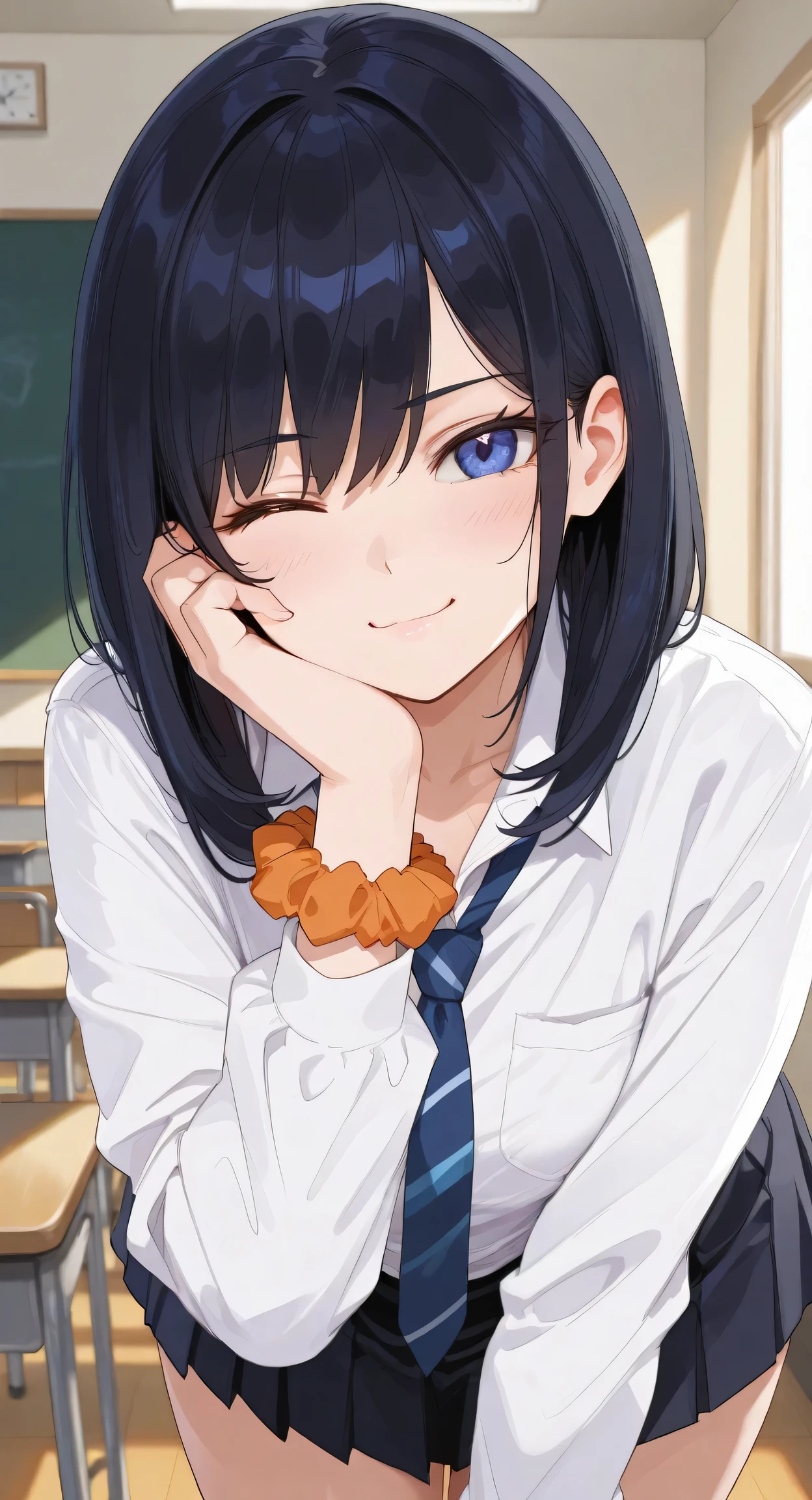 takarada rikka,1girl,solo, artist:koruri,artist:haoni,artist:deadnooodles,artist:mishima_kurone,artist:yd orange maru,year 2023, black hair,smile,looking at viewer,one eye closed,pov,close-up,blue eyes,medium hair, pointing at viewer,orange scrunchie, :t,white shirt,school uniform,standing,cowboy shot,classroom, bent over,head rest,head tilt,face focus, masterpiece,best quality,newest,absurdres,highres