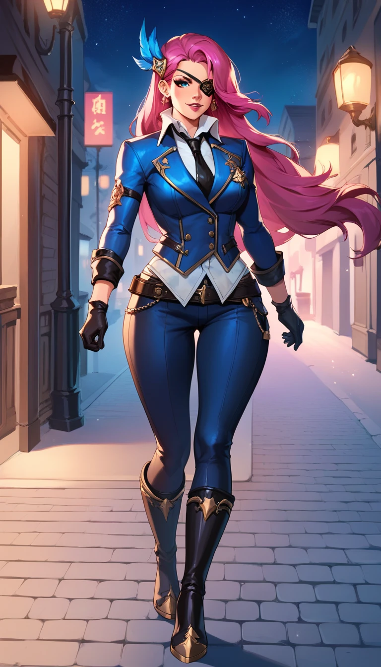 LesleyMLBB, 1girl, solo, Long pink hair, hair over one eye, eye patch, blue hairpin, blue jacket, white shirt, black tie, black gloves, dark blue pants, high black boots,night,street,huge breast,wide hips